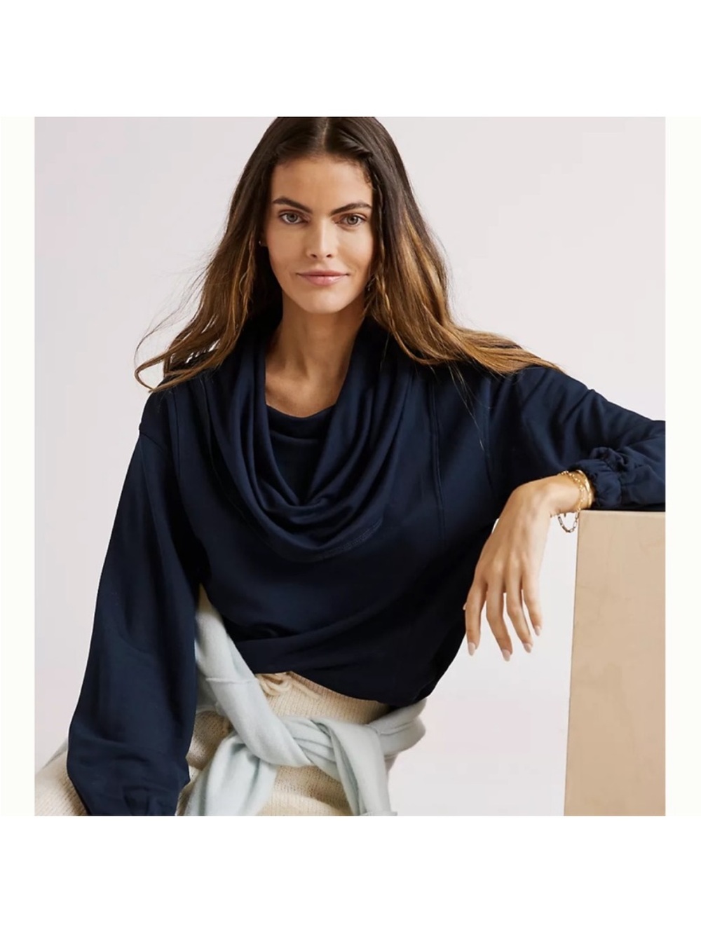 Anthropologie Daily Practice Slouchy Cowl Neck Long Sleeve Top Navy Blue size XS